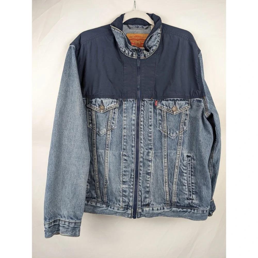 Levis Mens Full Zip Trucker Denim Jacket Blue Sz L Western Mixed Media Workwear - Picture 2 of 10
